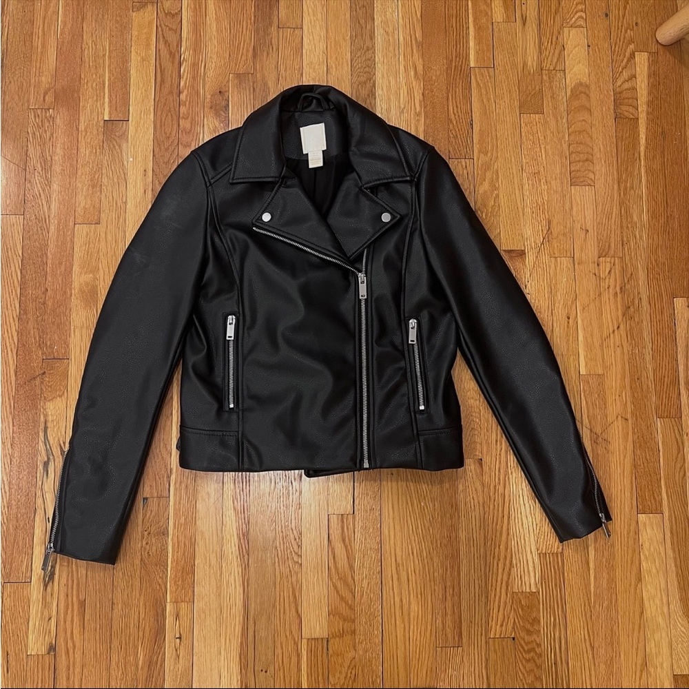 BLACK FAUX LEATHER MOTORCYCLE JACKET WOMENS XS